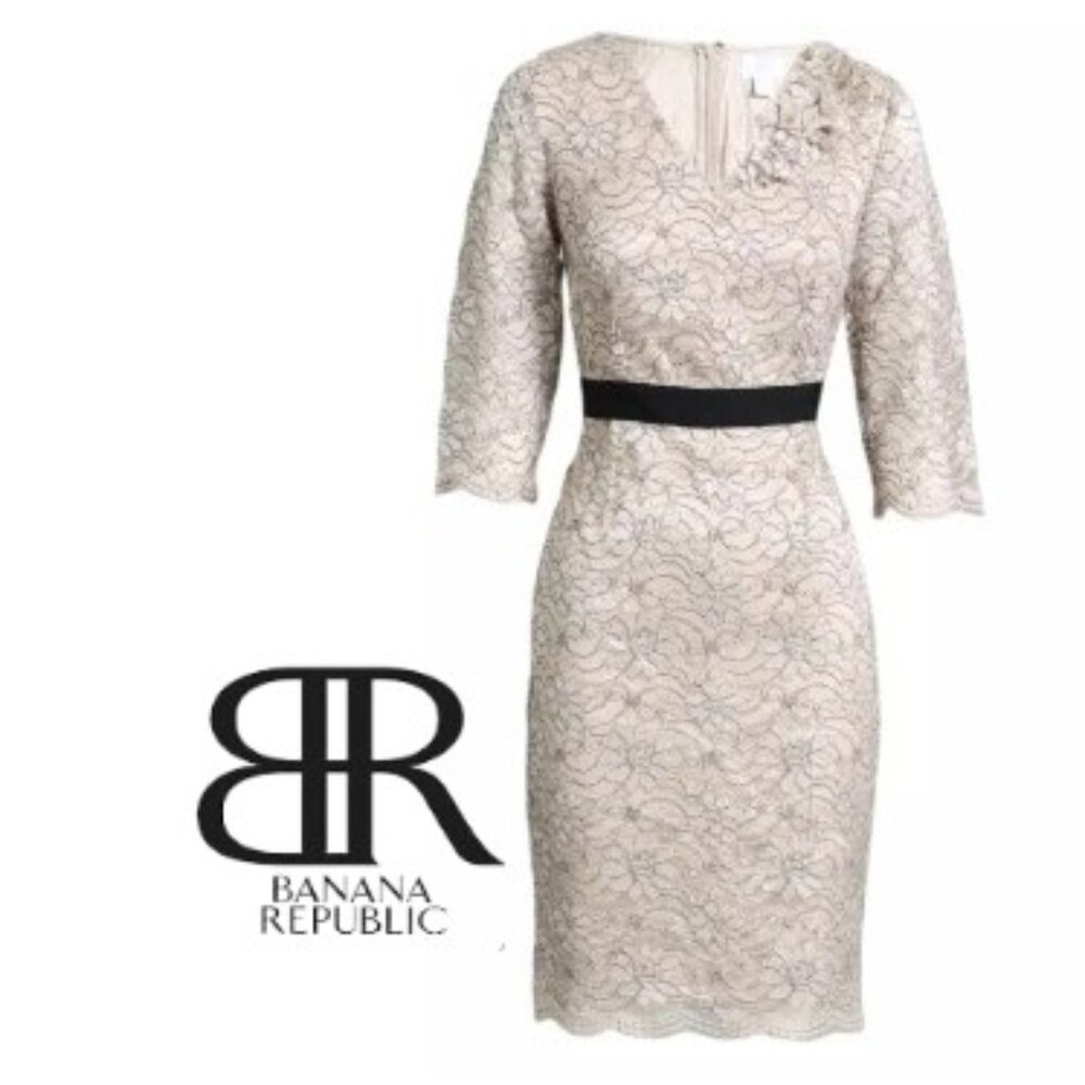 Banana Republic Champagne Metallic Lace Style Dress w Black Waistband Size 10